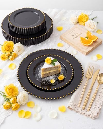 180PCS Black and Gold Plastic Plates Dinnerware Set for 30 Guests (Black and Gold Plastic Dinnerware Set / 180PCS)
