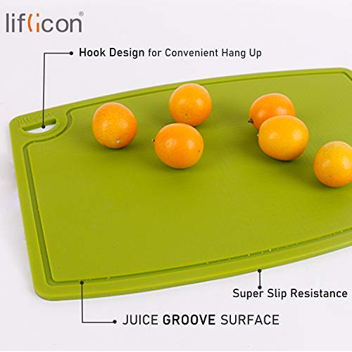 Silicone Thick Cutting Boards Mats Set of 3 Foldable & Flexible Design Juice Grooves Easy Grip Handle Dishwasher Safe for Kitchen (9.1"L x 7.1"W, 12.6"L x 9.1"W & 14.6"L x 10.4"W / Green)