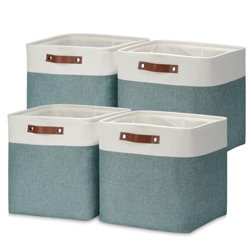 Storage Bins 4 Pack Of 13x13x13 Decorative Storage Cube Bins Suit Office (White&Dark Green / L-13"x 13"x 13")