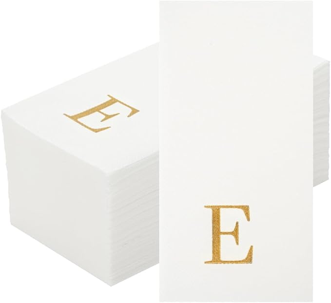 Luxenap 15.8 X 7.9 Inch Linen-Feel Guest Towels, 50 Lettered Hand Towels - Gold Letter 'E', Sans Serif Font, White Paper Dinner Napkins, airlaid, For Restrooms And Tables - Restaurantware