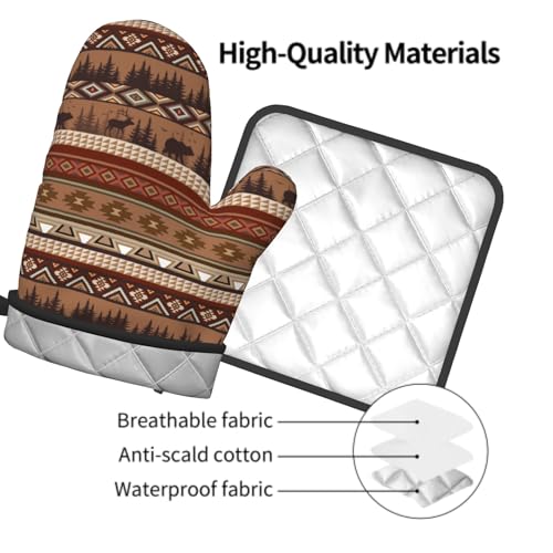 Rustic Bear Deer Oven Mitts and Pot Holder Sets Boho Ethnic Hot Pads Non (Rustic Bear Deer)