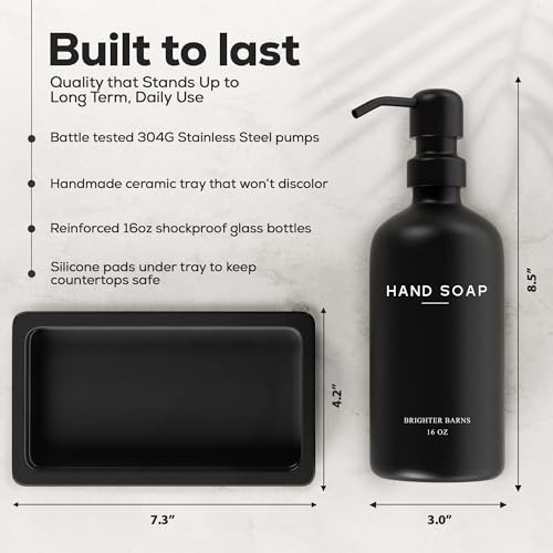 Black Glass Soap and Lotion Dispenser Set with Tray by Brighter Barns (Black Sl)