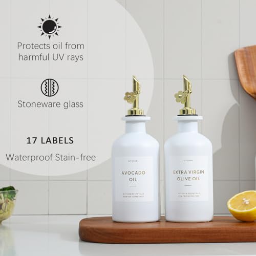 Olive Oil Dispenser for Kitchen (12oz-White&Gold Spout+Tray / 11.8 fl oz)