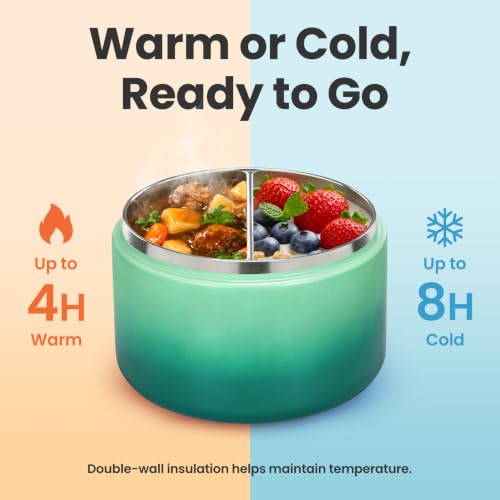 12oz Insulated Vacuum Food Jar with Buckle Lid Wide Mouth Soup Thermo for Hot Food Kids Leakproof Stainless Steel Lunch Container (Gradient Green / 12OZ)