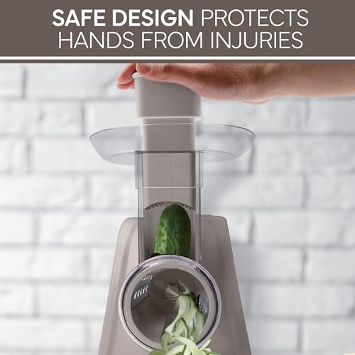 5-in-1 Electric Slicer, 150W Food Prep Machine – Parmesan Shredder, Fine & Coarse Graters, Potato Grater, Vegetable Slicer, Compact Design for Bowl Prep, Warm Grey (Warm Grey)