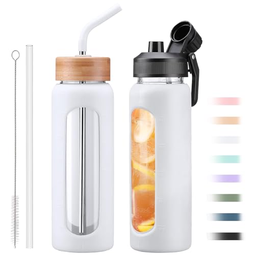 24oz Glass Water Bottle with Straw and 2 Lids (White / 24 Ounces)