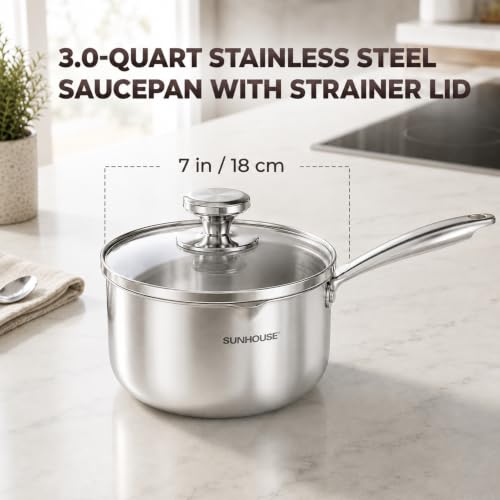 3QT Stainless Steel Saucepan with Pour Spout & Strainer Glass Lid