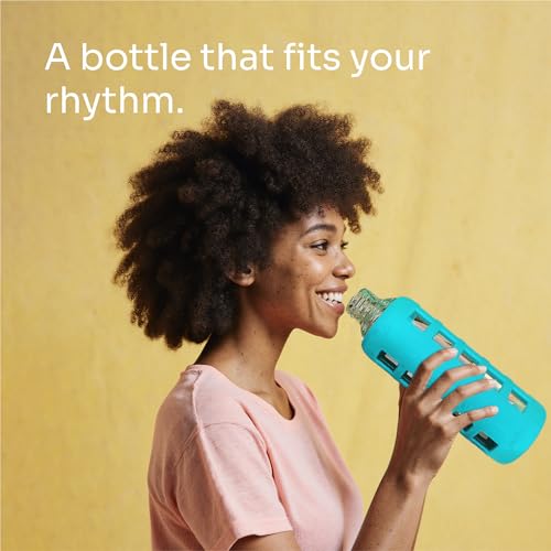 40oz / 32oz / 22oz / 12oz Borosilicate Glass Water Bottle with Time & Volume Markers, Silicone Sleeve, Stainless Steel Lid | Reusable Glass Bottle for Water & Juice (32oz Aqua Blue) (Aqua Blue (1 Count) / 32 Ounces)