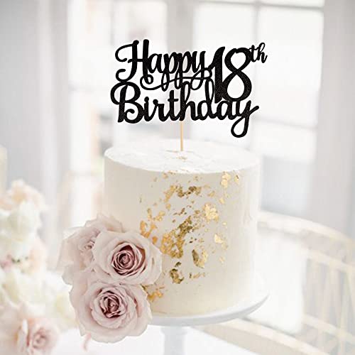 1 PCS Happy 18th Birthday Cake Topper Glitter Cheers to 18 Years Birthday Cake Pick 18 Fabulous Cake Decoration for Happy 18th Birthday Theme Party Decorations Supplies Black (Black / 18th)
