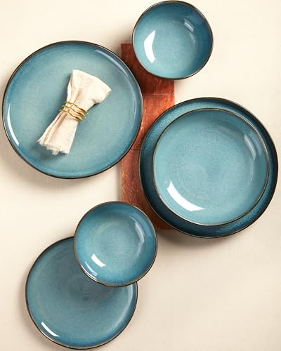 24 Pieces Dinnerware Set for 6 with Pasta Bowls (Green Black / Set (24pcs-6))
