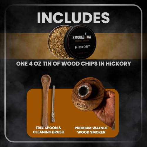 Premium Walnut Wood Cocktail Smoke with One 4 oz tin of Wood Chips. Great for Whiskey & Old Fashion. Coated in Safe Food Natural Beeswax (Hickory)