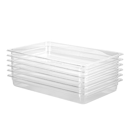 Polycarbonate Full Size Food Pans 6 Pack BPA Free 2.5 Inch Deep Pan Freezer Safe Stackable Clear Food Storage Containers for Kitchen Party Supplies and Prep Table (1/1 Size / 2-1/2” Deep)
