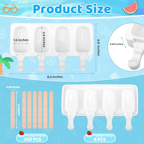 2 Set Silicone Popsicle Molds 4 Cavities Ice Cream Oval Cake Molds with 100 Sticks (2 Set / White)