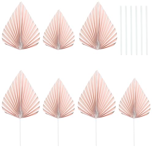 6Pcs Paper Palm Fan Cake Toppers Palm Leaf Fan Cake Topper Palm Spear Leaf Cupcake Toppers Cake Insert Decoration For Cake Decorating Diy Craft Project Home Wedding Party Supplies Pink (Pink)