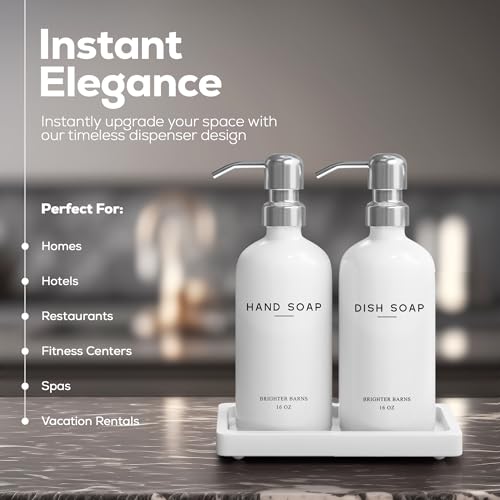 White Glass Hand and Dish Soap Dispenser Set by Brighter Barns (White/Silver Hd)