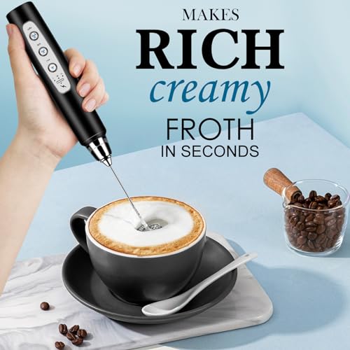 Milk Frother Wand Rechargeable Handheld Whisk Coffee 3 Speed Adjustable (Frother with stand / Black)