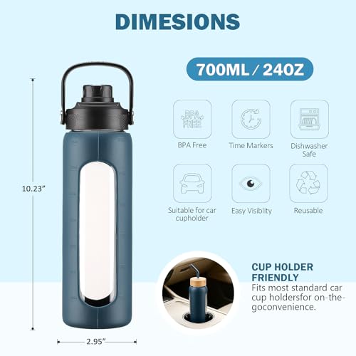 24 oz Glass Water Bottle with Straw and 2 Lids (Dark Blue / 24 Ounces)