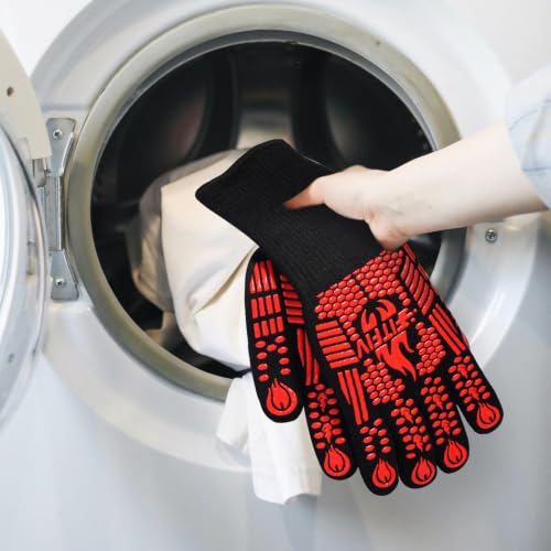 BBQ Gloves 1472°F Heat Resistant with Silicone Grip Oven Mitts (Red / Long (Glove L 13.78" × Palm W 6.33"))