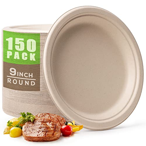 100% Compostable Plates 9 Inch 150 Pack Disposable Plates Heavy (Brown / 9in 150pcs)