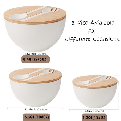 11.3" Extra Large Salad Serving Bowl Set with Wooden Lid&Utensils (11.3 inch / Matte White)