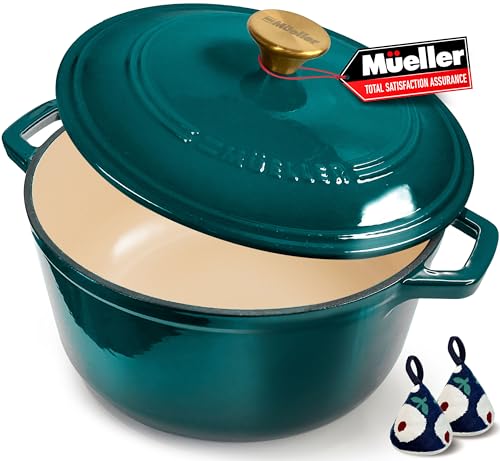 Mueller DuraCast 6 Quart Enameled Cast Iron Dutch Oven Pot with Lid (6 Quart -Round / Emerald)