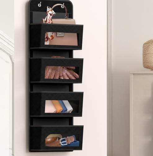 4 Clear Window Pocket Over Door Hanging Organizer (4 Pockets / Black)