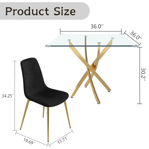 36" Square Glass Dining Table Set for 4 (Gold Square Table/Black Velvet Chairs / 5 Pieces)