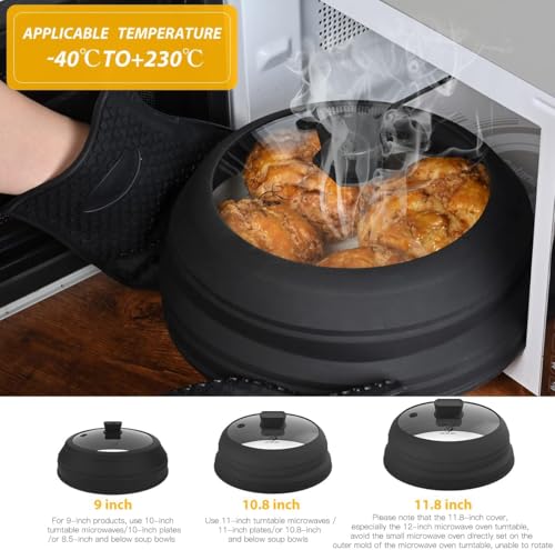 Microwave Splatter Cover Glass Cover Splatter Guard Lid with Collapsible Silicone for Food Cover Plate Cover 10.8 inch 2 Pack Black (Black (2 Pack) / 10.8 inch)