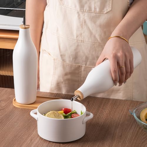Sweejar Matte Ceramic Olive Oil Dispenser Bottles with Bamboo Tray (White & Tary / 17 Oz (Pack of 2))