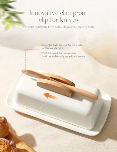 Butter Dish with Lid and Knife Ceramic Butter Holder for Counter Humanized Clamp