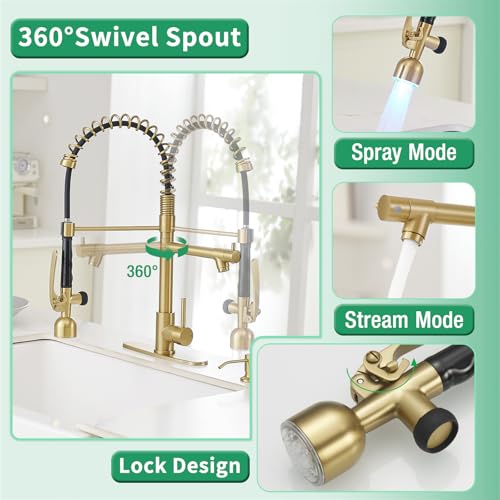 Commercial Kitchen Faucets with Pull Down Sprayer Brushed Gold LED (Brushed Gold)