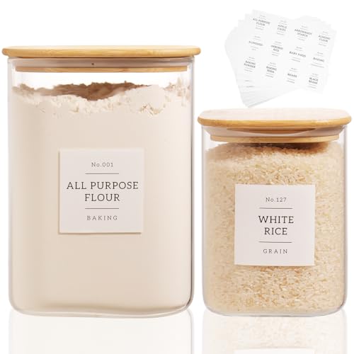 2 Pack large Square Glass Flour and Sugar Containers with 132 Kitchen Pantry Labels