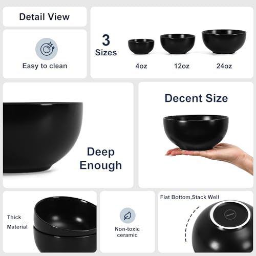 Ceramic Cereal Bowls set of 6 (Matte Black / 24 Oz)