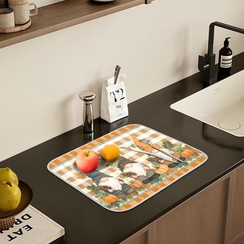 Fall Pumpkin Gnomes Maple Leaves Autumn2 Dish Drying Mat for Kitchen Counter Absorbent Microfiber Small Drying Pad Dish Mats for Kitchen Countertops 16 x 18 Inch (18" x 16")