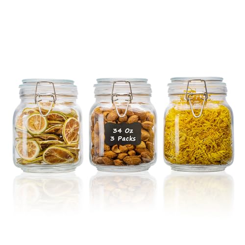 34oz Square Glass Food Storage Jars with Airtight Clamp Lids 3 Pack (Clear 34oz Square - 3 sets)