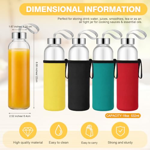 12 Pack Glass Water Bottles with Sleeves (Stylish / Multicolored)