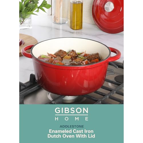 Addlestone 5 Quart Red Enamel Cast Iron Dutch Oven with Lid and Dual Handles (5-Quart / Gradient Red)