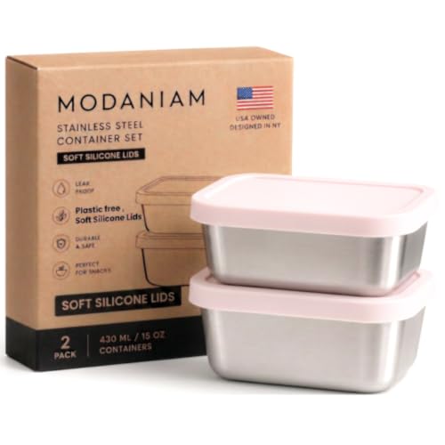 Flexibento Leak proof Stainless Steel Snack Containers with Silicone Lids (B-Pink Set of Two Snack Containers: 2*14 OZ)