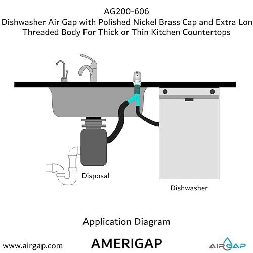 Dishwasher Air Gap with Skirted Polished Nickel Brass Cap and Extra Long Threaded Body for Thick or Thin Kitchen Countertops (AG200-606)