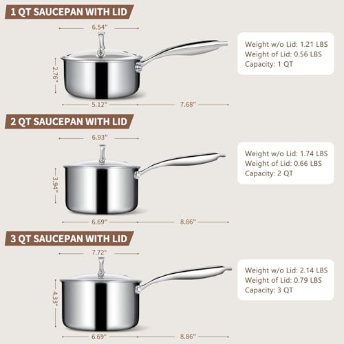 3 Ply Stainless Steel Sauce Pan Set with Lids (1 + 2 + 3 Quarts)