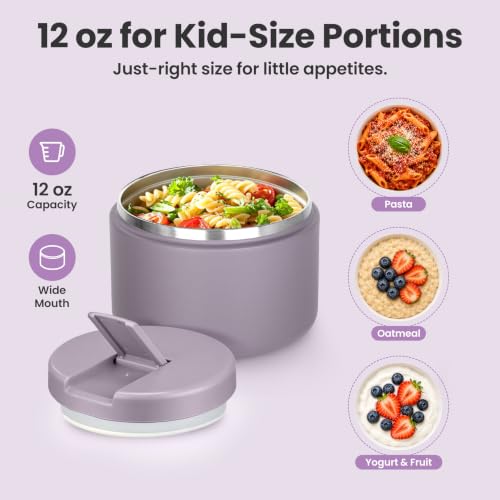 12oz Insulated Vacuum Food Jar with Buckle Lid Wide Mouth Soup Thermo for Hot Food Kids Leakproof Stainless Steel Lunch Container (Lilac / 12OZ)