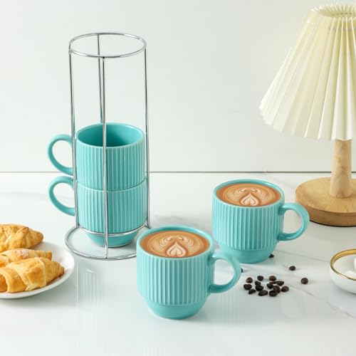 Coffee Mug 12 oz Set of 4 with Rack (Teal / 12 Ounces)