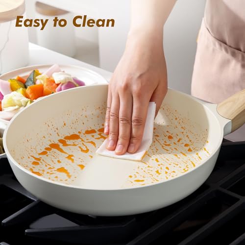 8inch Ceramic Nonstick Frying Pan Paella Pan with Lid (8 Inch / CREAM White)