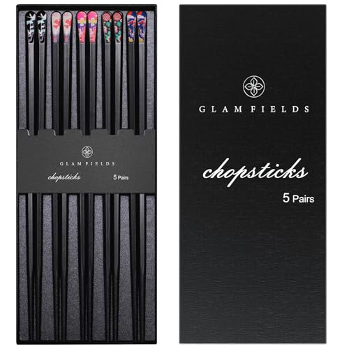 5 Pairs Premium Chopsticks Reusable Dishwasher Safe 9.5 Inch Fiberglass Chop Sticks Gift Set Hexagon Black Non Slip with the Printed Tops (Black with Printed Tops)