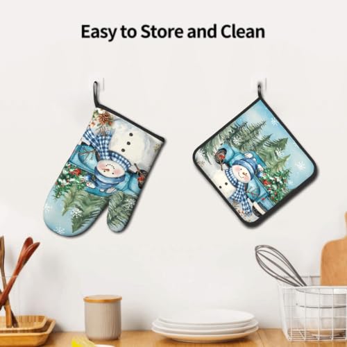 Winter Snowman Blue Oven Mitts and Pot Holder Set of 2 Xmas Truck Decorative Heat Resistant Kitchen Gloves Hot Pad for Baking Cooking Gift (Blue Snowman Truck)