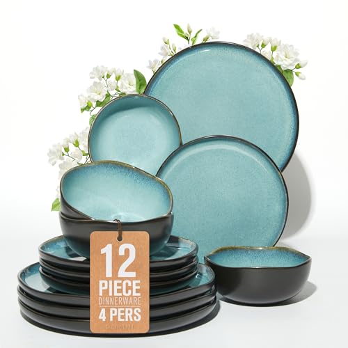 Stoneware Dinnerware Sets for 4 (Green Black / Set (12pcs))