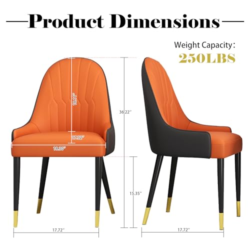 Orange Dining Chairs Set of 2 with High Backs Mid Century Modern Kitchen Dining Room Chairs PU Faux Leather Upholstered Large Padded Accent Chair with Legs (Orange)