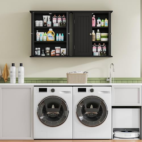 Bathroom Wall Cabinet with 2 Doors (Black / 8.8"D x 21.1"W x 24"H)