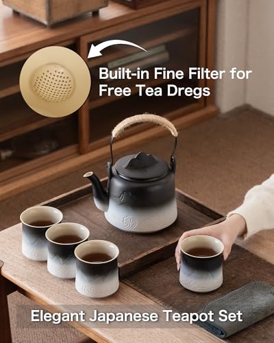 Japanese Tea Set with 4 Cups (Black/White / 33.8oz Teapot&4 of 8oz Cups)