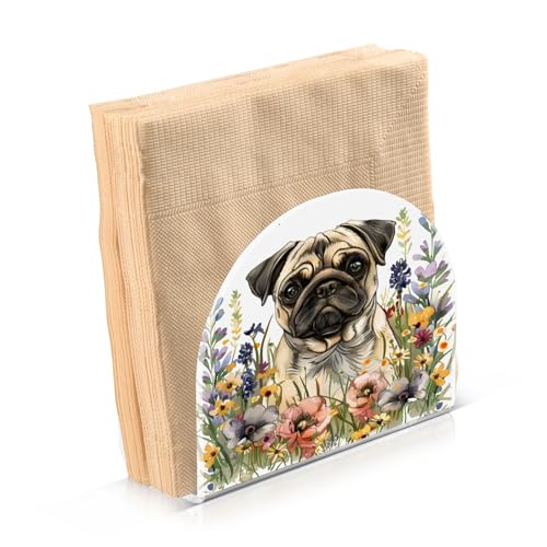 Pug Dog Wild Flowers Napkin Holder for Table Paper Napkins Holder Acrylic Tissue Dispenser Kitchen Dining Room Bathroom Party Car Decor (NH078 / 4.1x4.9x1.97in)